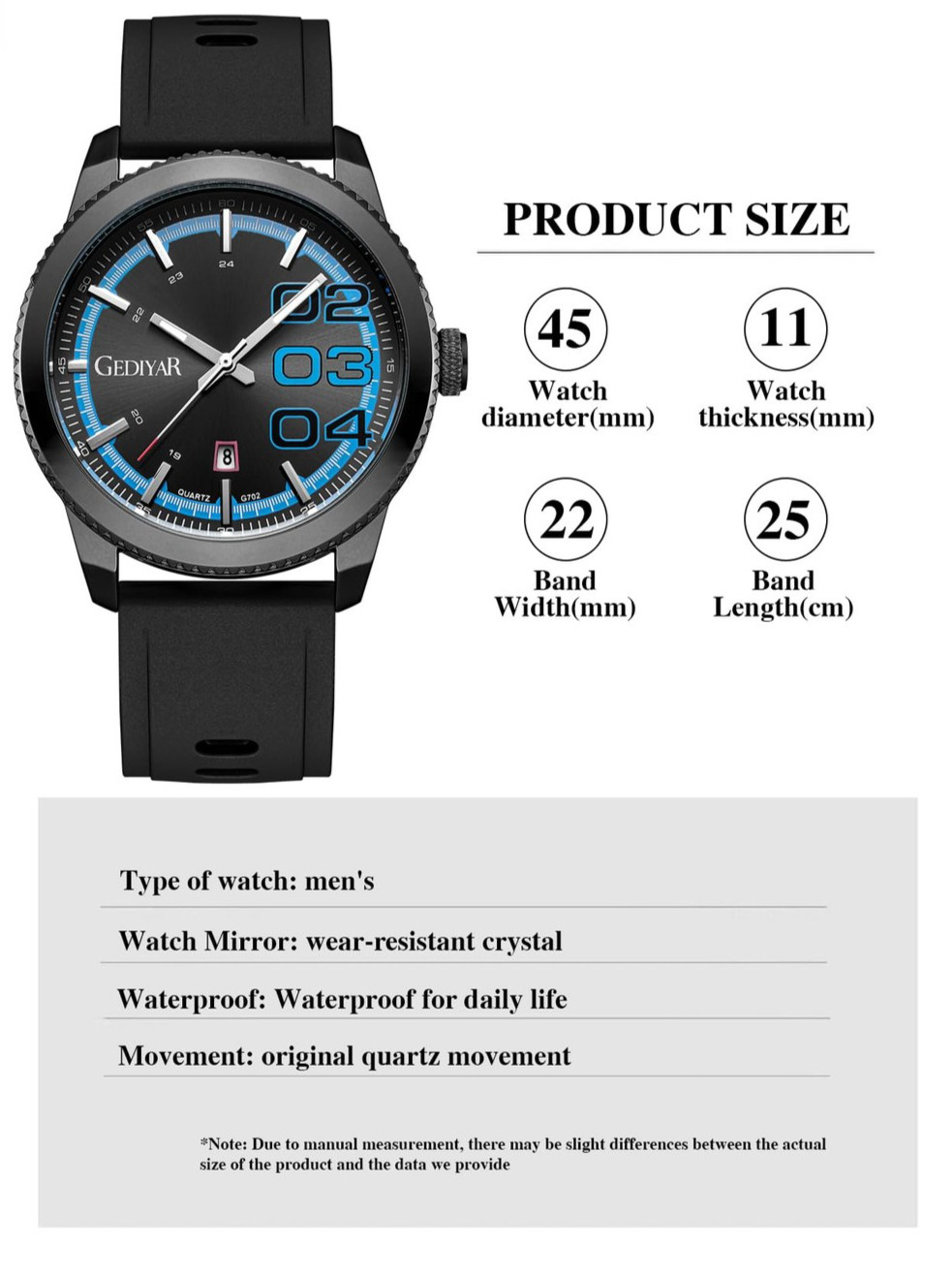 Men’s Wristwatch Quartz 46mm Dial Big Numbers Luminous Sport Silicone Strap Date