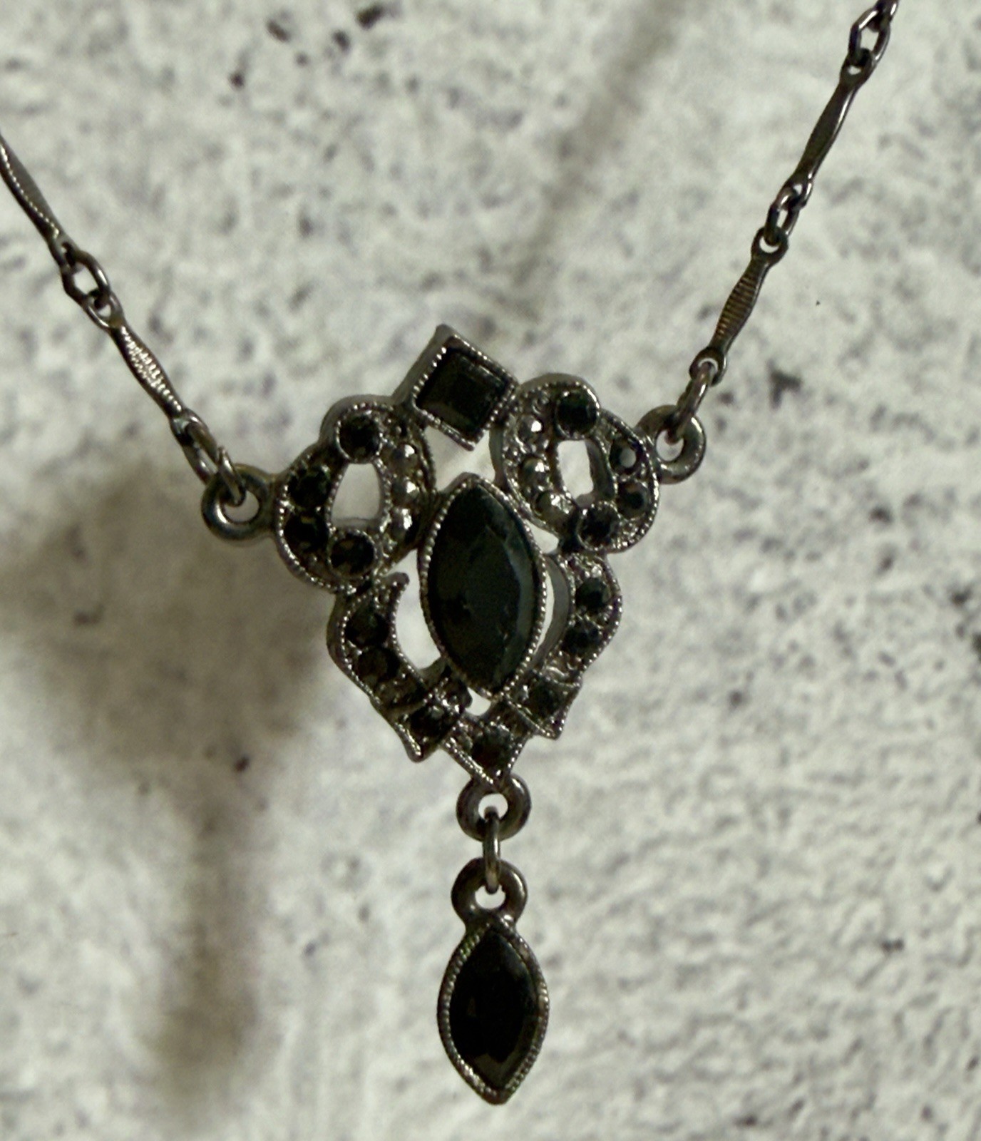 VTG 1928 Jewelry Co Black Rhinestone Marquise Y Drop Necklace Gunmetal Gothic