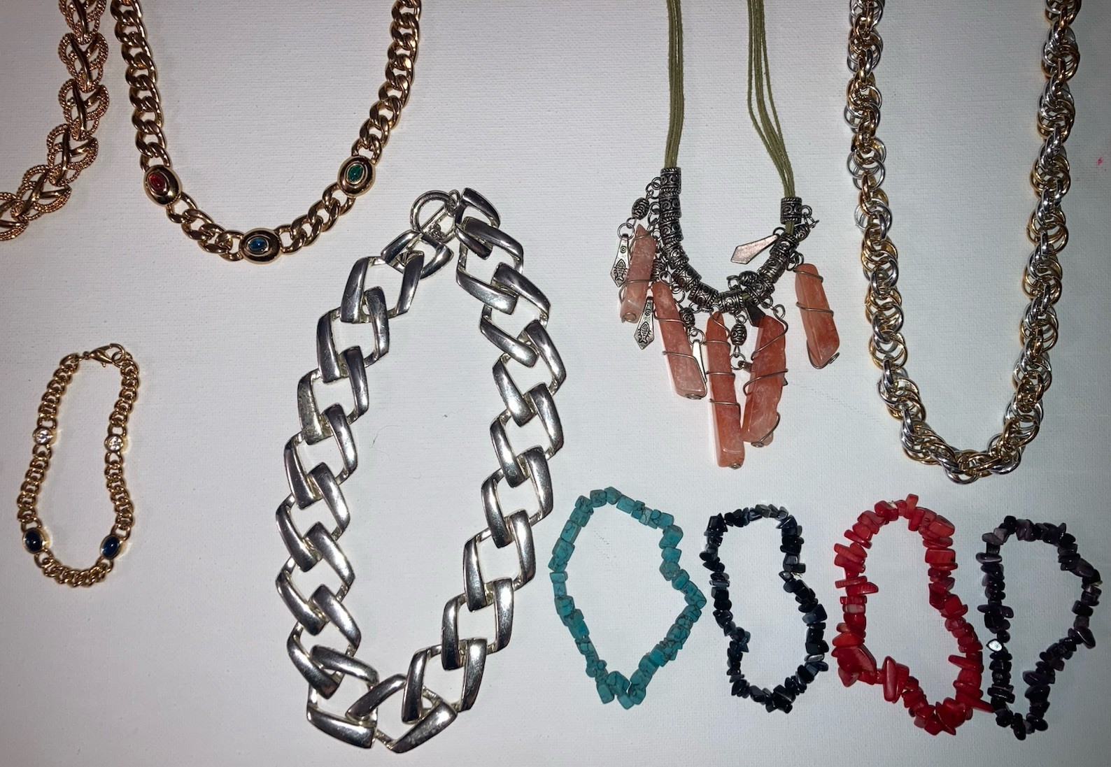 Lot Of 12 Pieces Of Costume Jewelry Stones Metal Bracelets Necklaces Excellent