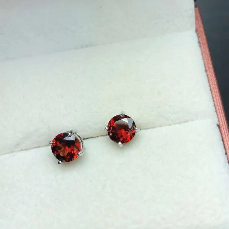 Round Garnet Stud Earrings 6mm 925 Sterling Silver with Platinum Plating