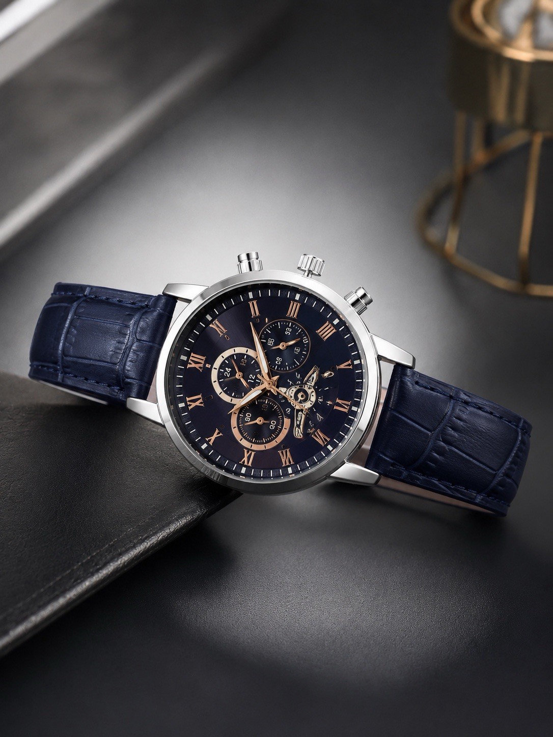 Men’s Blue Strap Quartz Watch Silver Tone Case Luxury Analog Dress Wristwatch