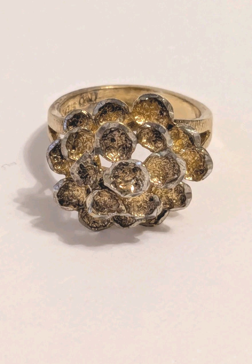 Signed M Gold Plated 925 Silver Dome Flower Nugget Style Cocktail Ring. Size 8.
