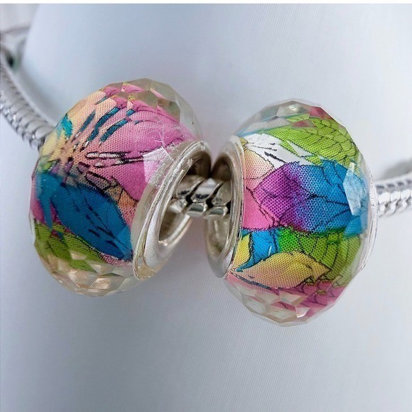 Rainbow Leaf Silver Bead Charm Fits Snake Chain Bracelet