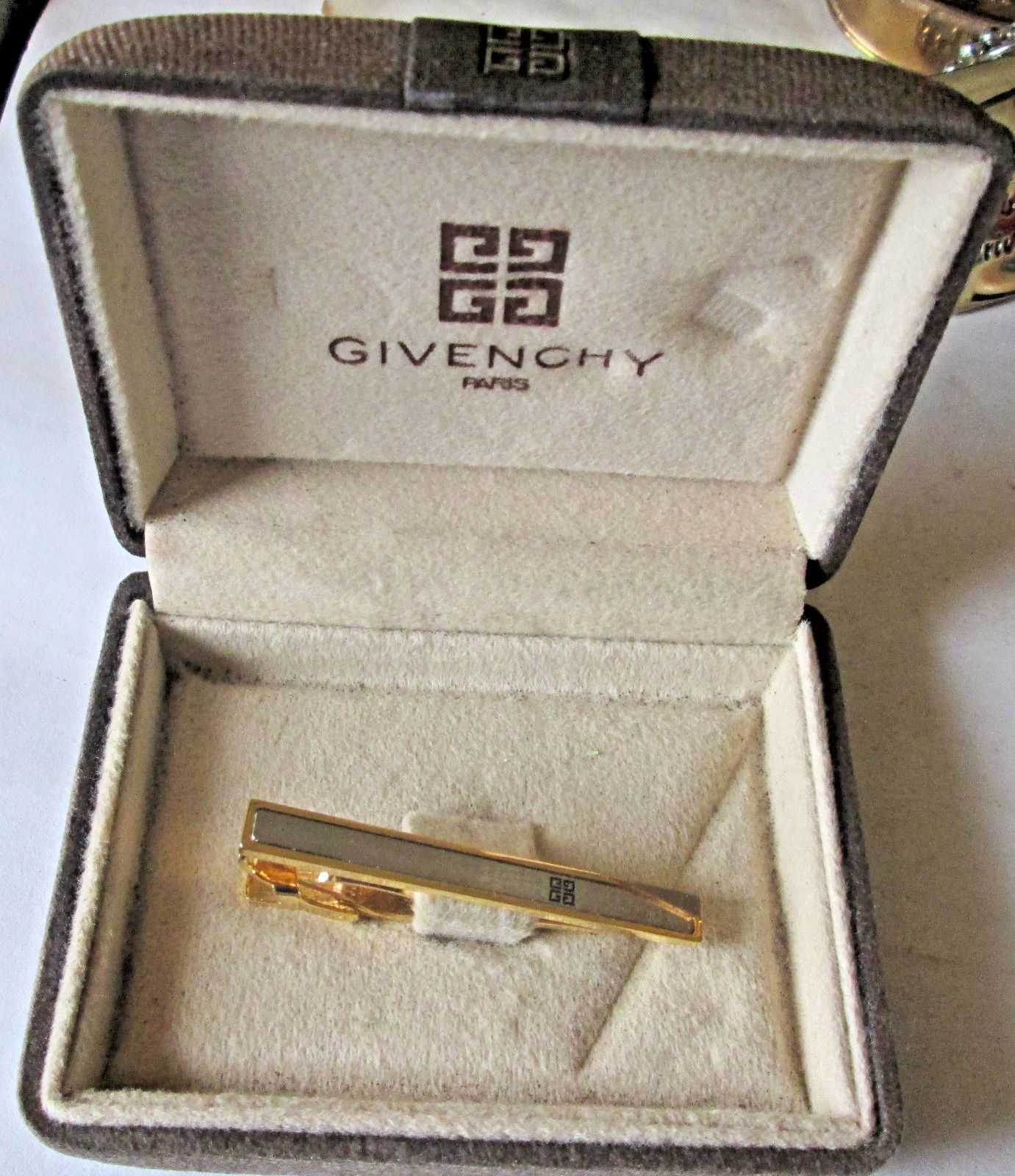 VINTAGE GIVENCHY GOLD & SILVER COLOR PLATED BRASS TIE CLIP, ORIGINAL CASE, USED
