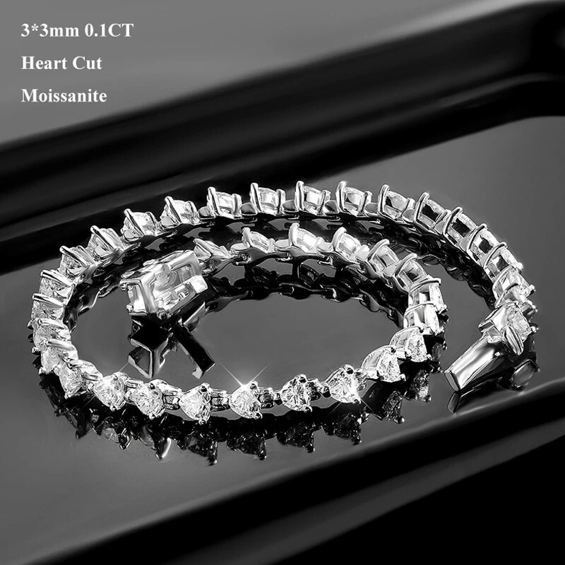 Full D VVS1 Real Heart Cut Moissanite Tennis Bracelet Chain 925 Sterling Silver