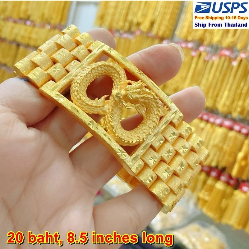 D13 Carved Dragon Bracelet 24k Gold Plated Men Jewelry Gem Weight 20 Baht 8.5″