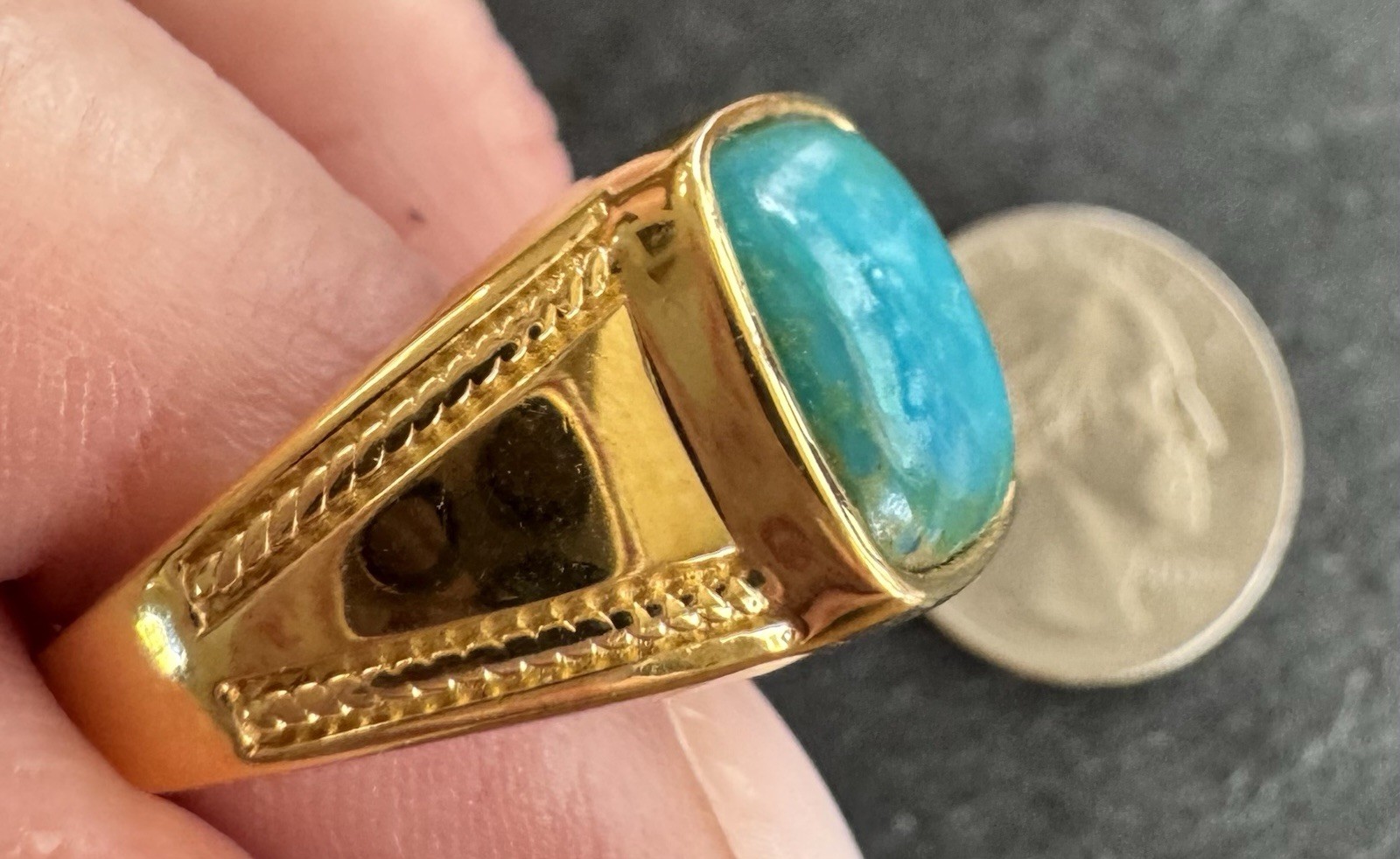 D’Joy Gold Toned over 925 Ring Size 10.5 Blue Cushion Turquoise Bezel
