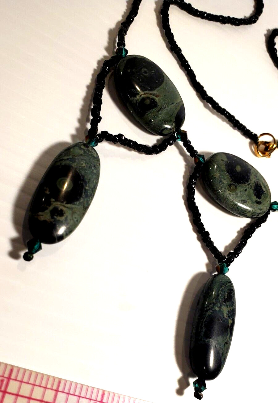 Black & Deep Green Natural Forest Jasper Stone 27″ Length Festoon Necklace OOAK