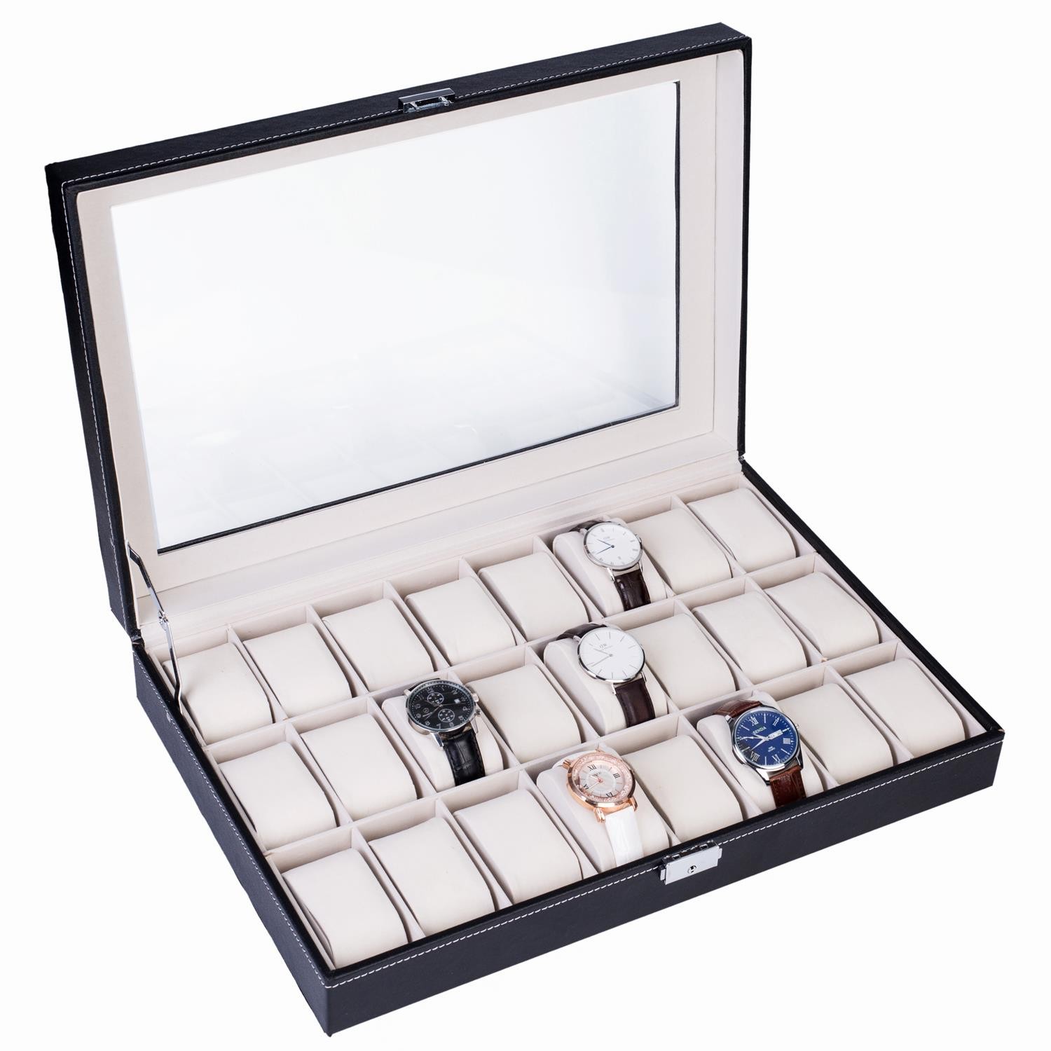 24 Slot Grids Leather Watch Box Display Case Organizer Glass Top Gift
