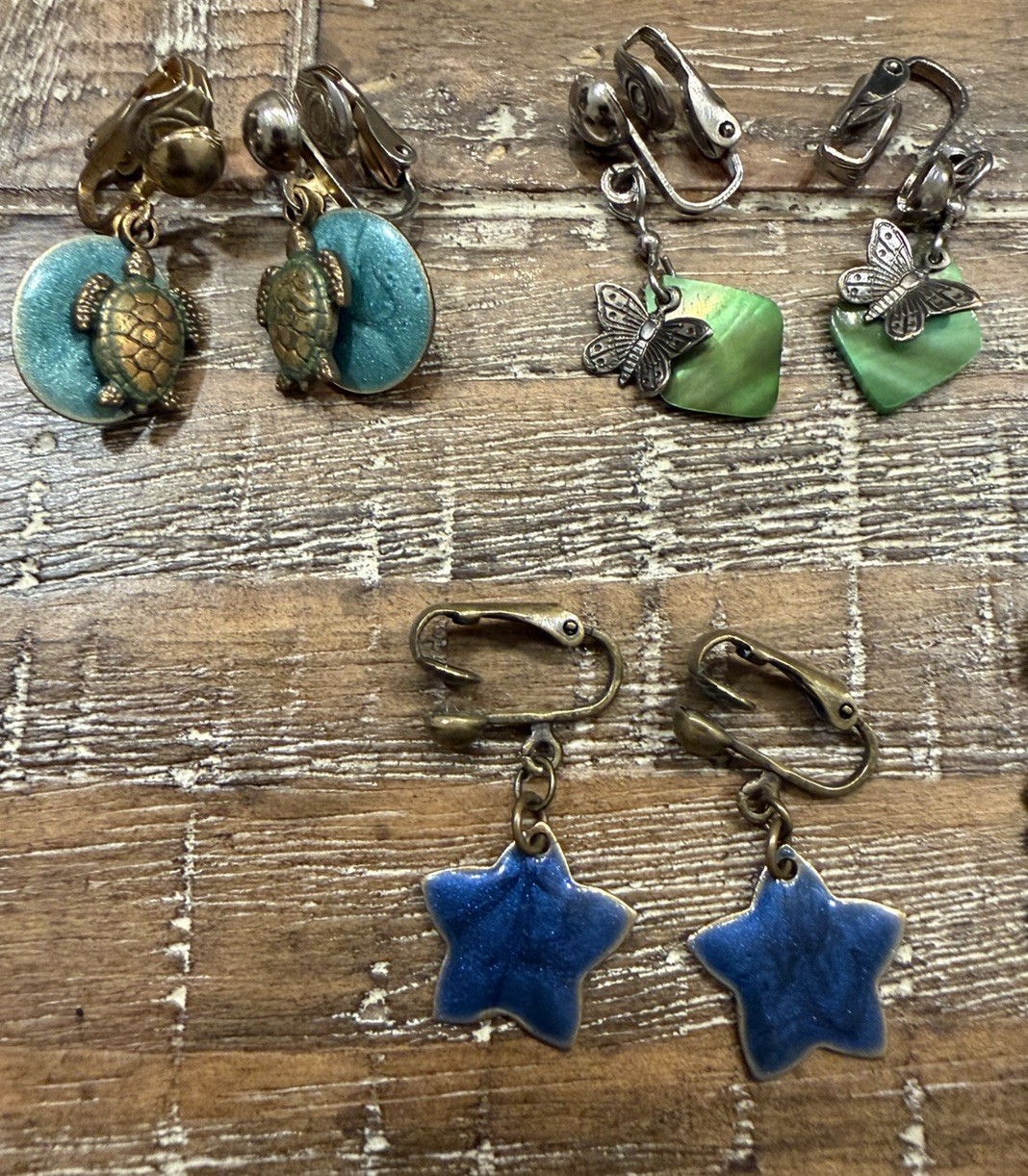 6 Pair Vintage Clip On Earrings Lot Enamel Shell Turquoise Blue-Green Boho Stone
