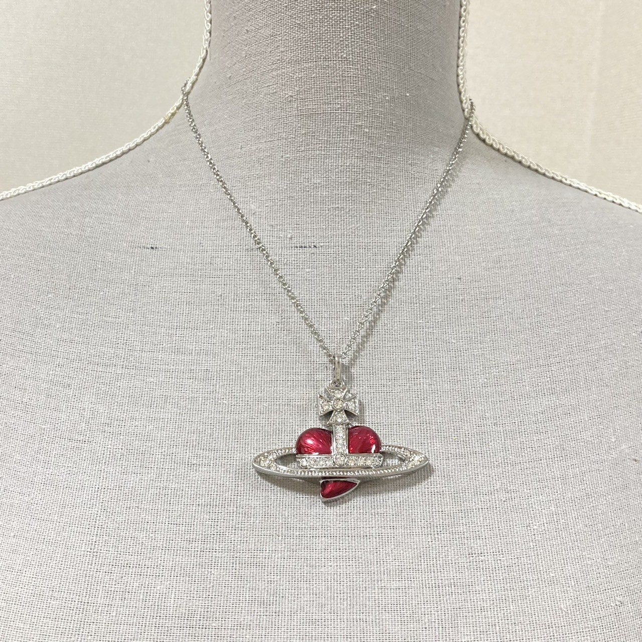 Vivienne Westwood Necklace Diamante Heart Orb Large Silver Red w/Pouch NO BOX