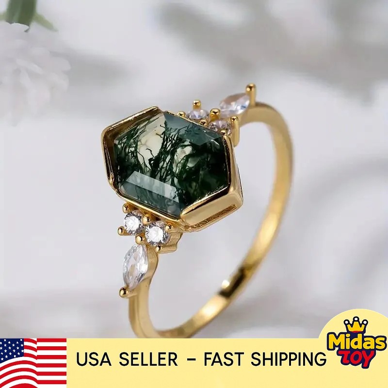 Rhodium Plated Hexagon Emerald Cut Cocktail Ring Prong Setting Fashion Jewelry