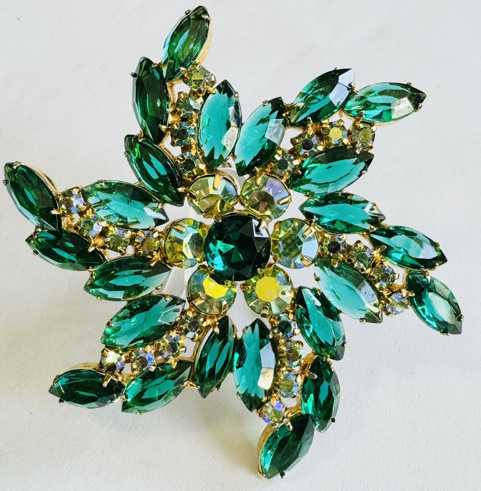 Big Vintage Juliana Open/Closed Back AB Green Rhinestone Pinwheel Brooch 3-1/4”