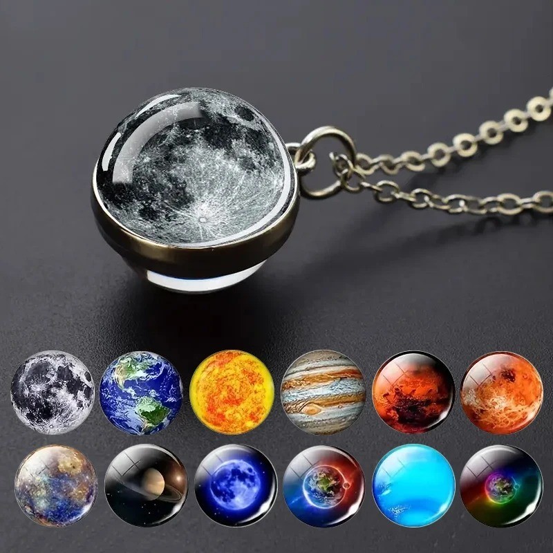Double Sided Galaxy Planet Glass Ball Pendant Necklace Sun Earth Moon Mars