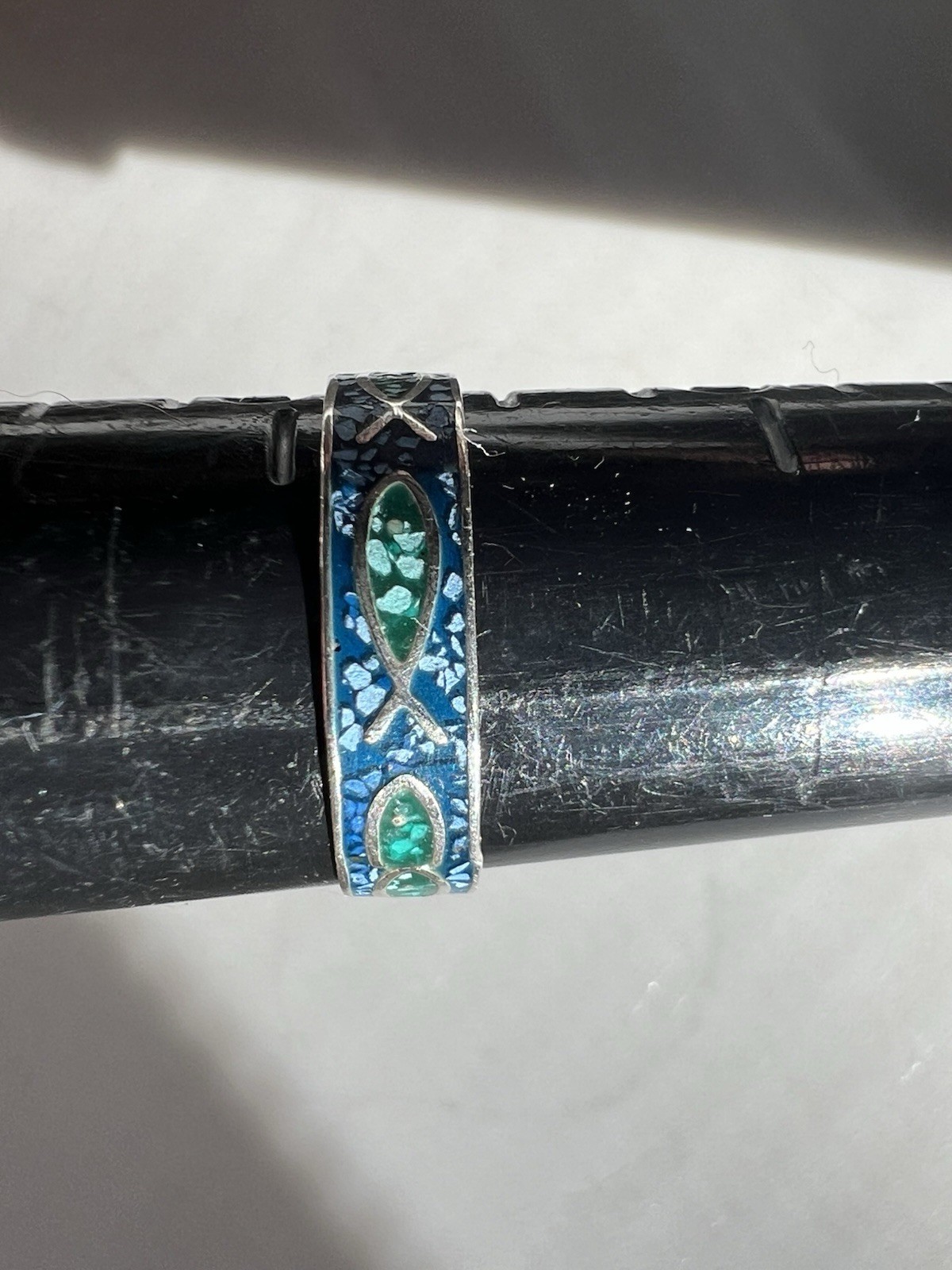 Vintage Antique Solid 14k Gold 585 Stamp Enamel Fish Figure Blue Ring Size 6.75