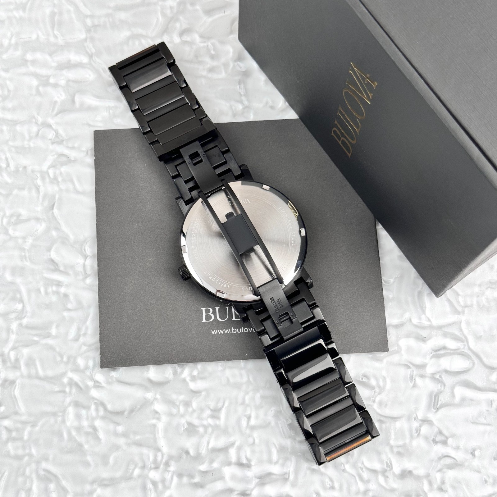 BULOVA Men’s Futuro Modern 98D144 Black Quartz Diamond Calendar Watch 42MM