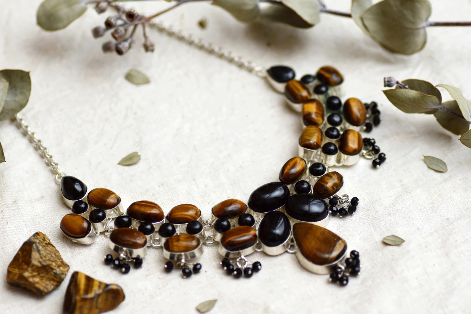Natural Tiger Eye Black Onyx Statement Necklace | GS Boho Tribal Necklace