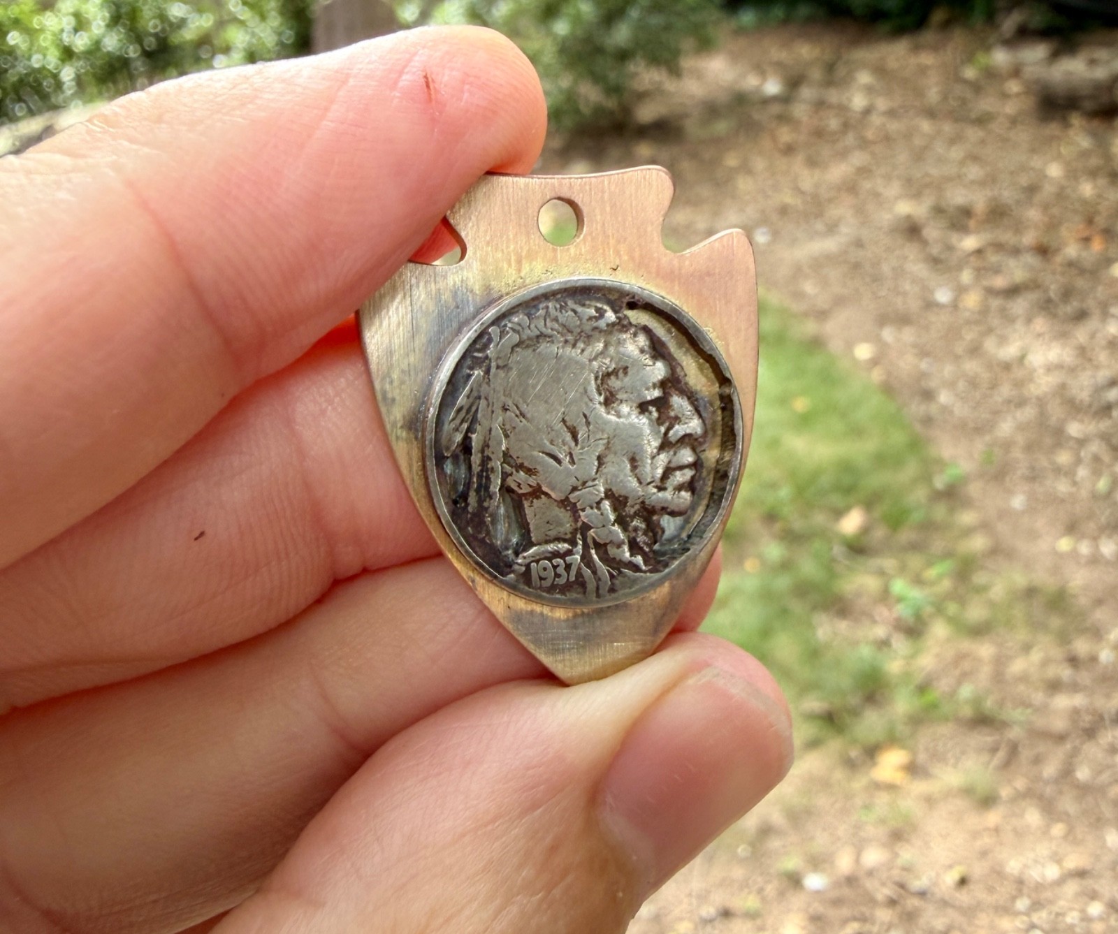 Hand Cut 1937 Buffalo Nickel Brass Arrowhead Pendant Oxidized Necklace Keychain