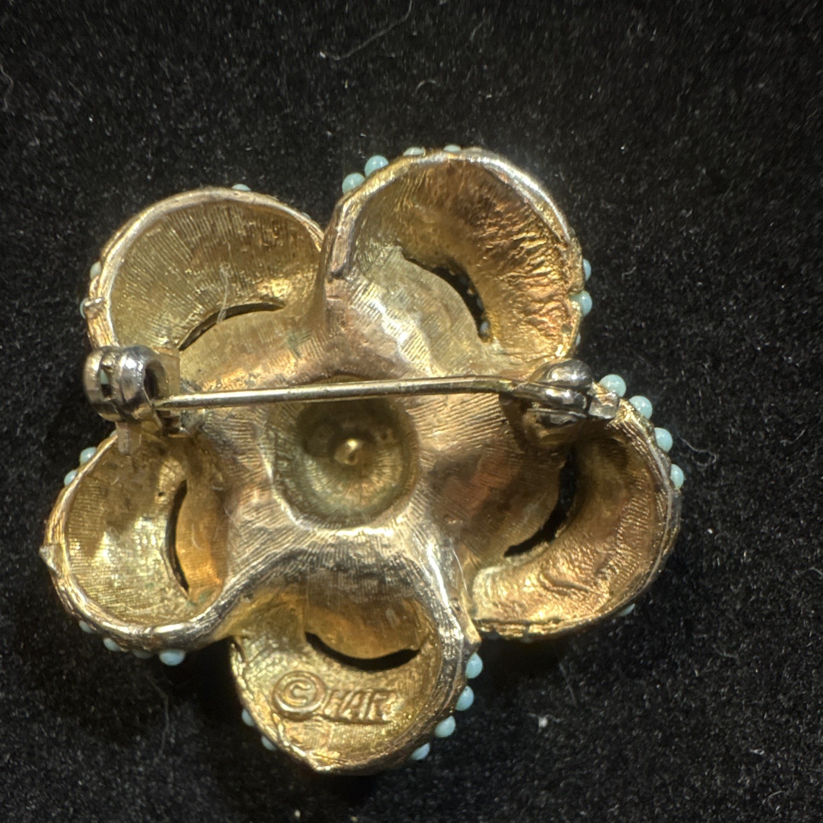Hattie Carnegie Signed Flower Brooch Pin, Gold Tone Metal, Blue Round Rhinestone