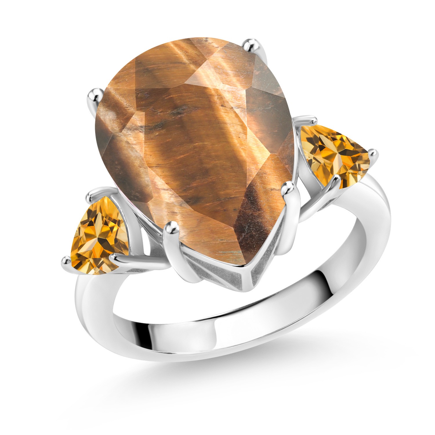 7.82 Ct Pear Shape Brown Tiger Eye Yellow Citrine 925 Sterling Silver Ring
