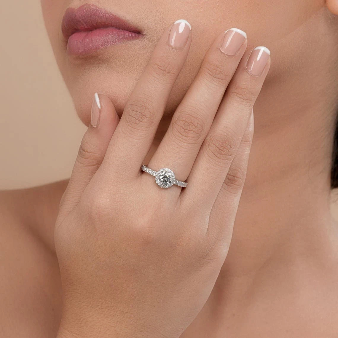 1.8 CT Round Cut Halo Moissanite Engagement Ring 14K White Gold Plated For Women