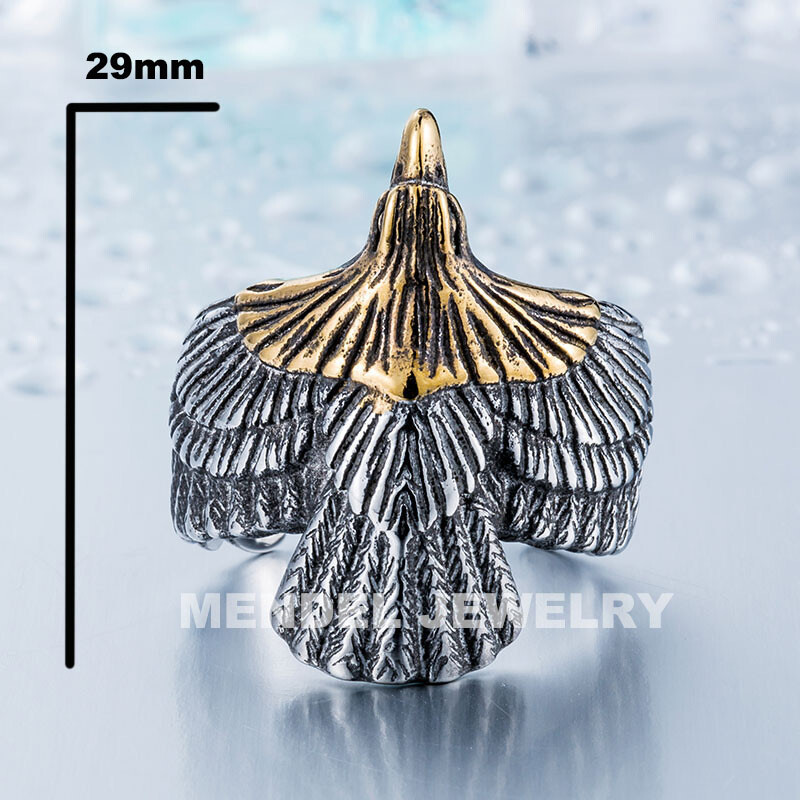 MENDEL Mens Stainless Steel Gold Plated Eagle Head Bird Biker Ring Men Size 7-15