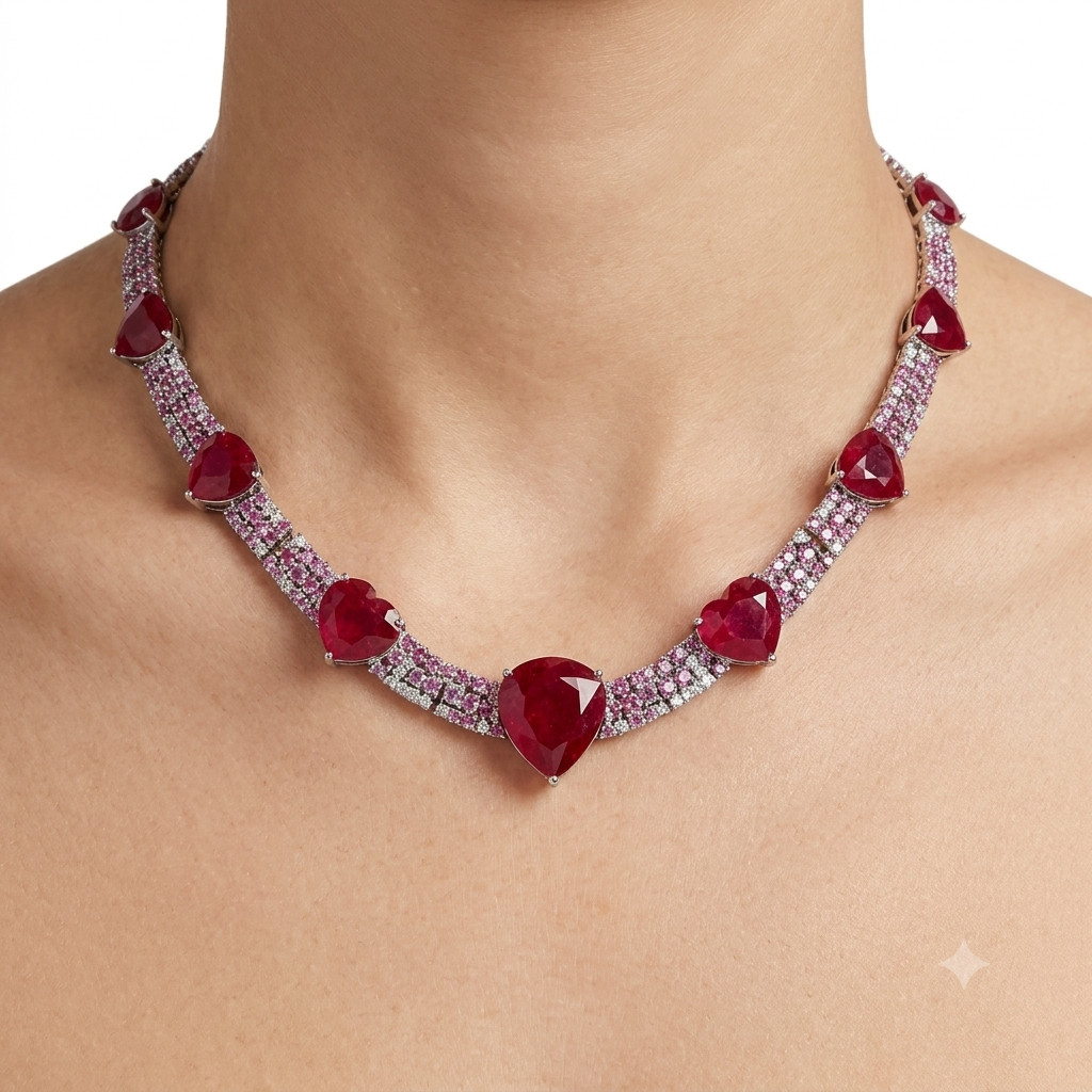 925 Sterling Silver 15 x 16 mm. Pink Ruby Sapphire Zircon Necklace 17.0 In.
