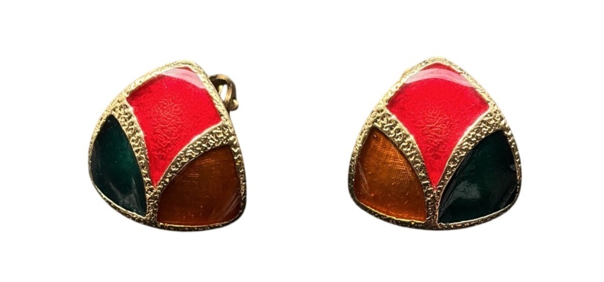 Vintage Allison Reed Gripoix Clip-On Earrings With Red Green & Amber Enamel