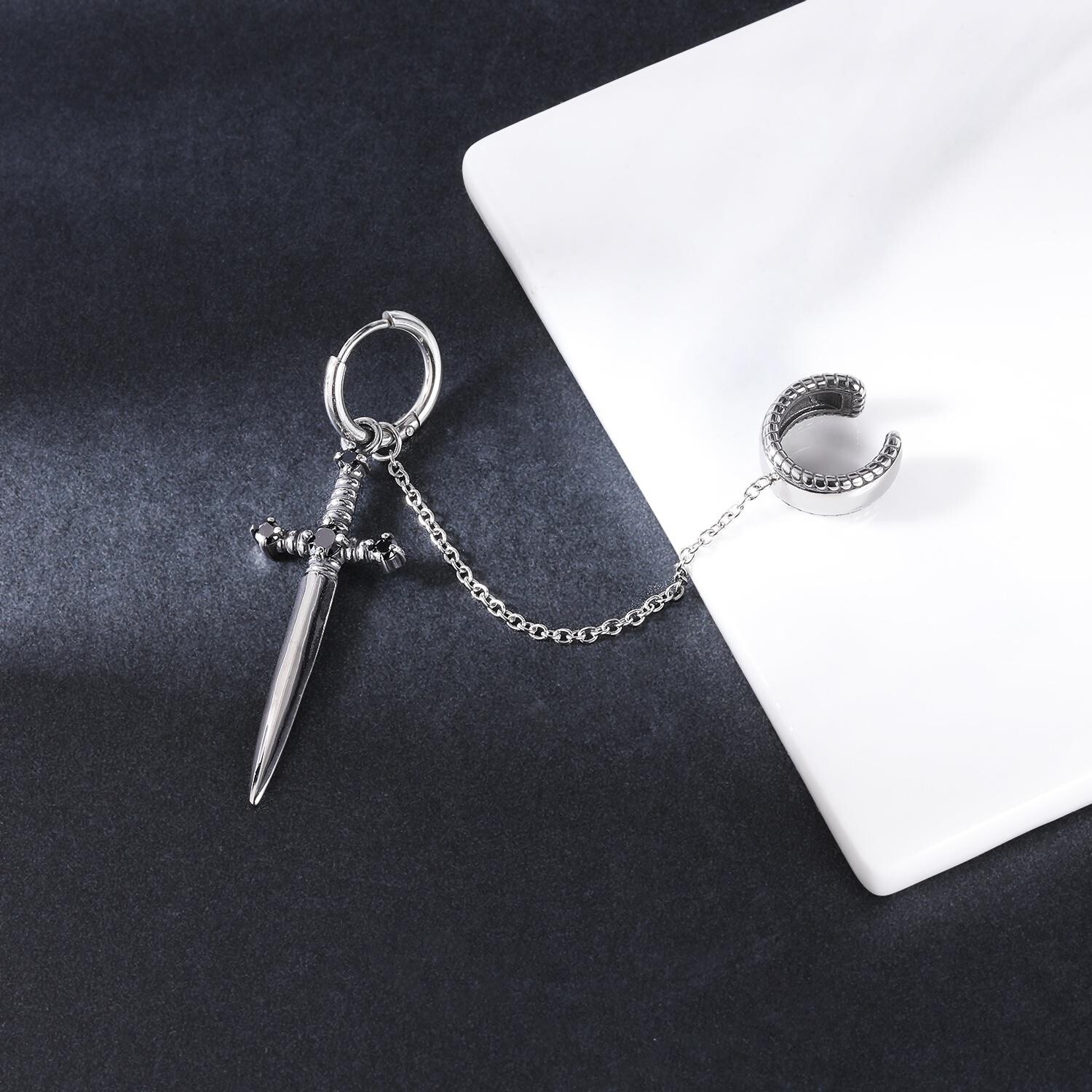 20G Punk Stainless Steel Stud Earrings CZ Dagger Sword Ear Stud Piercing Jewelry