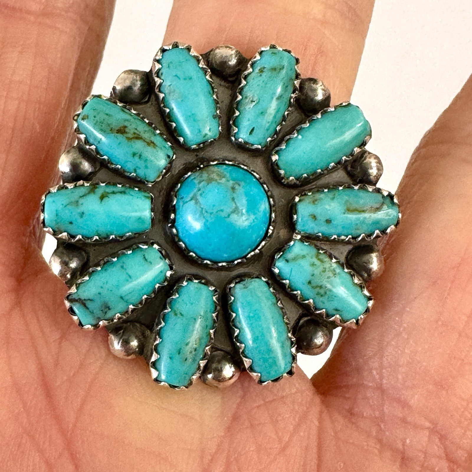 Navajo Turquoise Cluster Ring Sz 7 Sterling Signed ML Perry Native American
