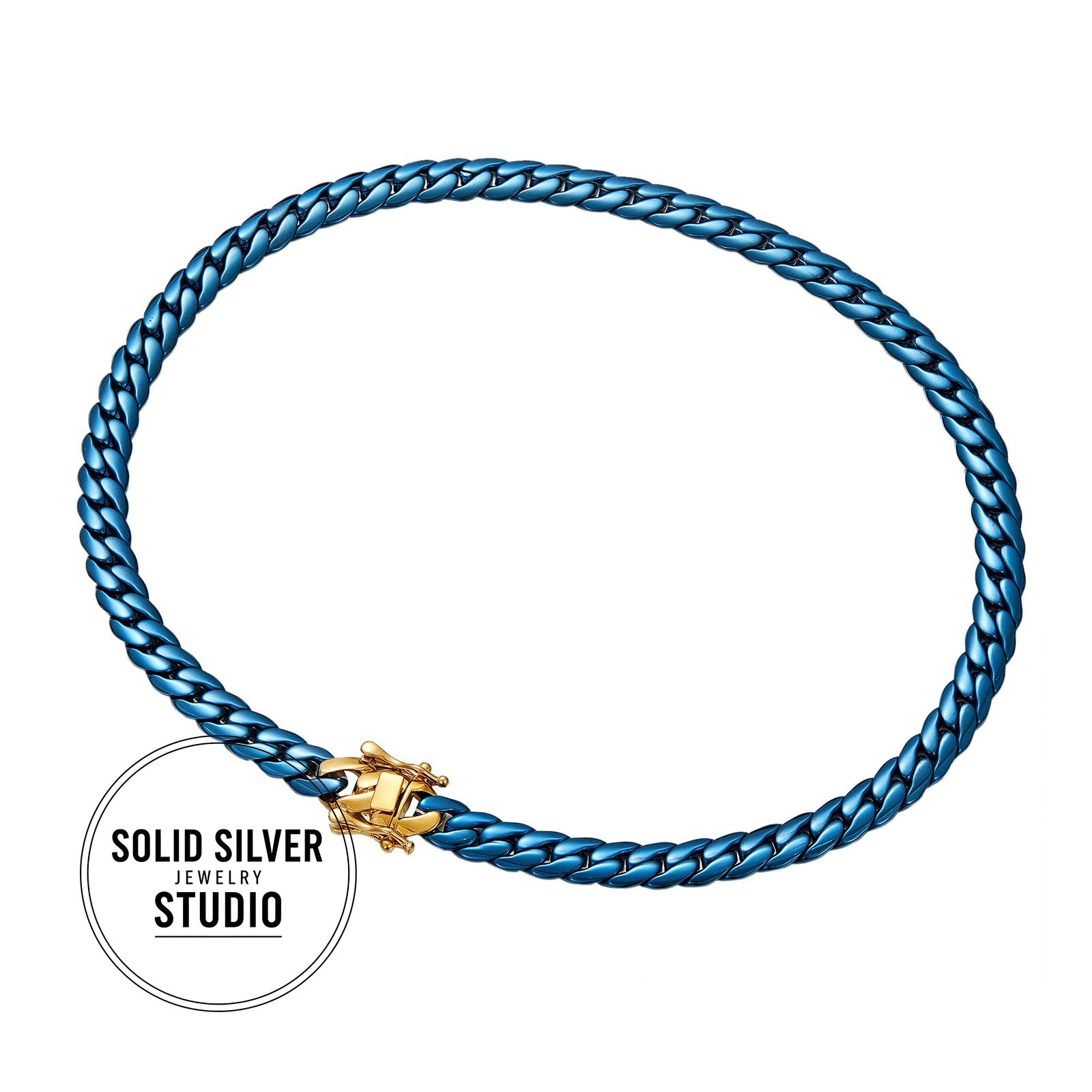 Blue & Gold Cuban Link Necklace or Bracelet Stainless Steel Chain Men’s Gift