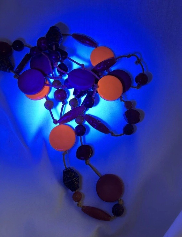 Vintage Acrylic Plastic Metal Beaded Necklace ~ 44” ~ Glowy Amber Orange Discs