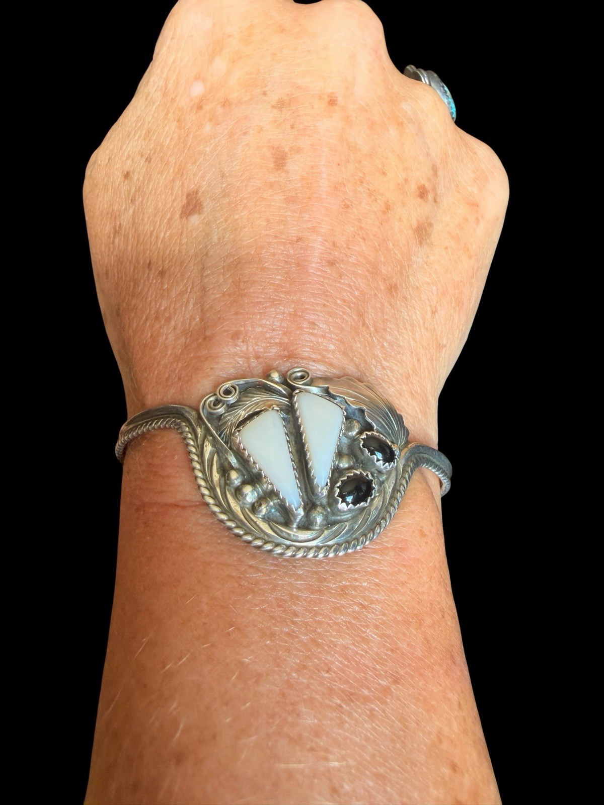 Signed Navajo Justin Morris Sterling Silver Mother-Of-Pearl & Onyx Cuff