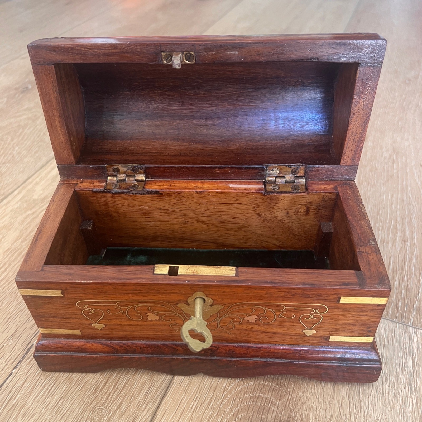 Vintage Wooden Jewelry Box Dome Top Brass Inlay Chest with Key Keepsake Box