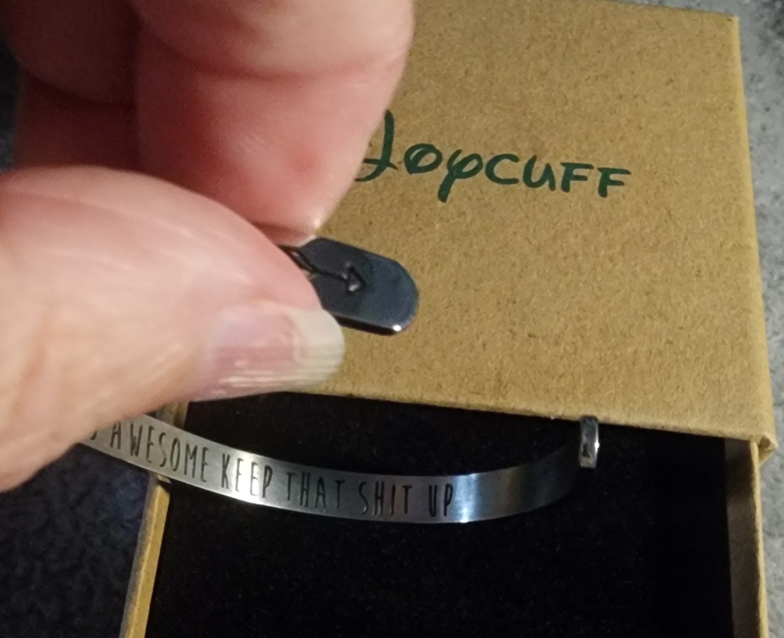 JopCuff Stainless Steel Silver Cuff Bracelet Engraved Quote Adjustable Signed