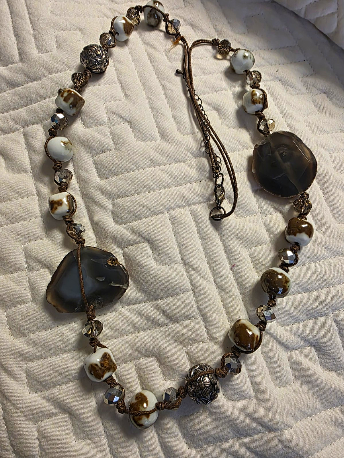 Brown & White Glass Beaded Bohemian Necklace Asymmetrical Charm Adjustable