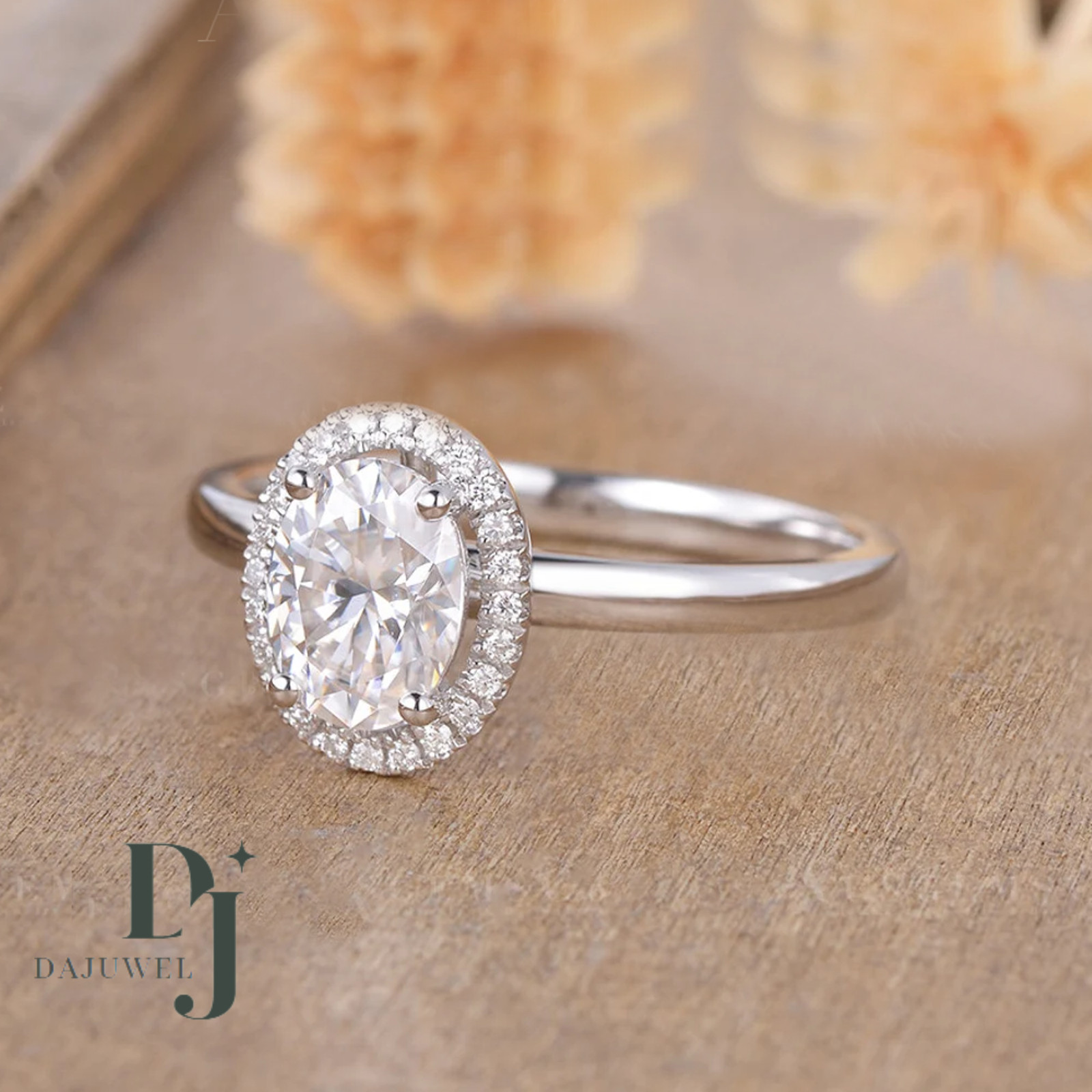 Solid 14K White Gold Moissanite Halo Engagement Ring 2.20 Carat Oval Cut For Her