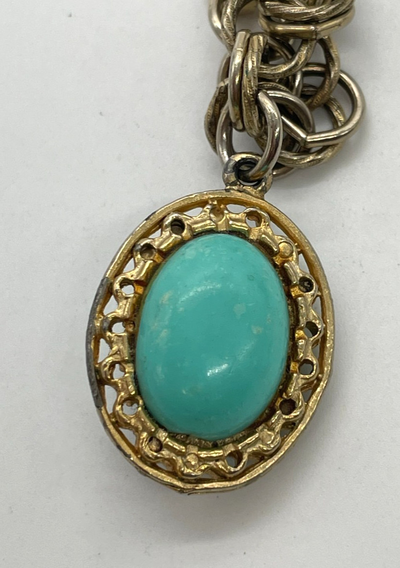 VTG Etruscan Style Faux Pearl Turquoise Gold-tone chunky charm fob bracelet 7″