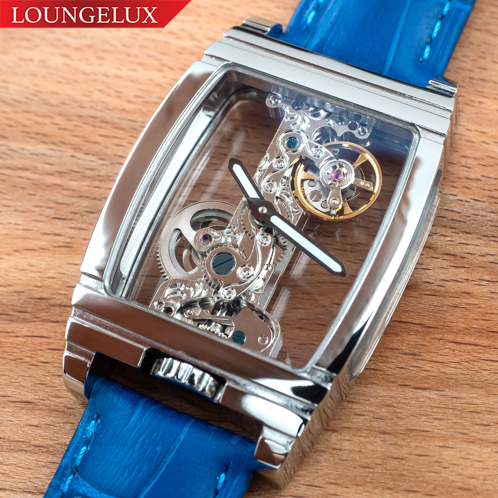 Mens Silver Bridge Manual Mechanical Watch – Blue Leather Strap Gift