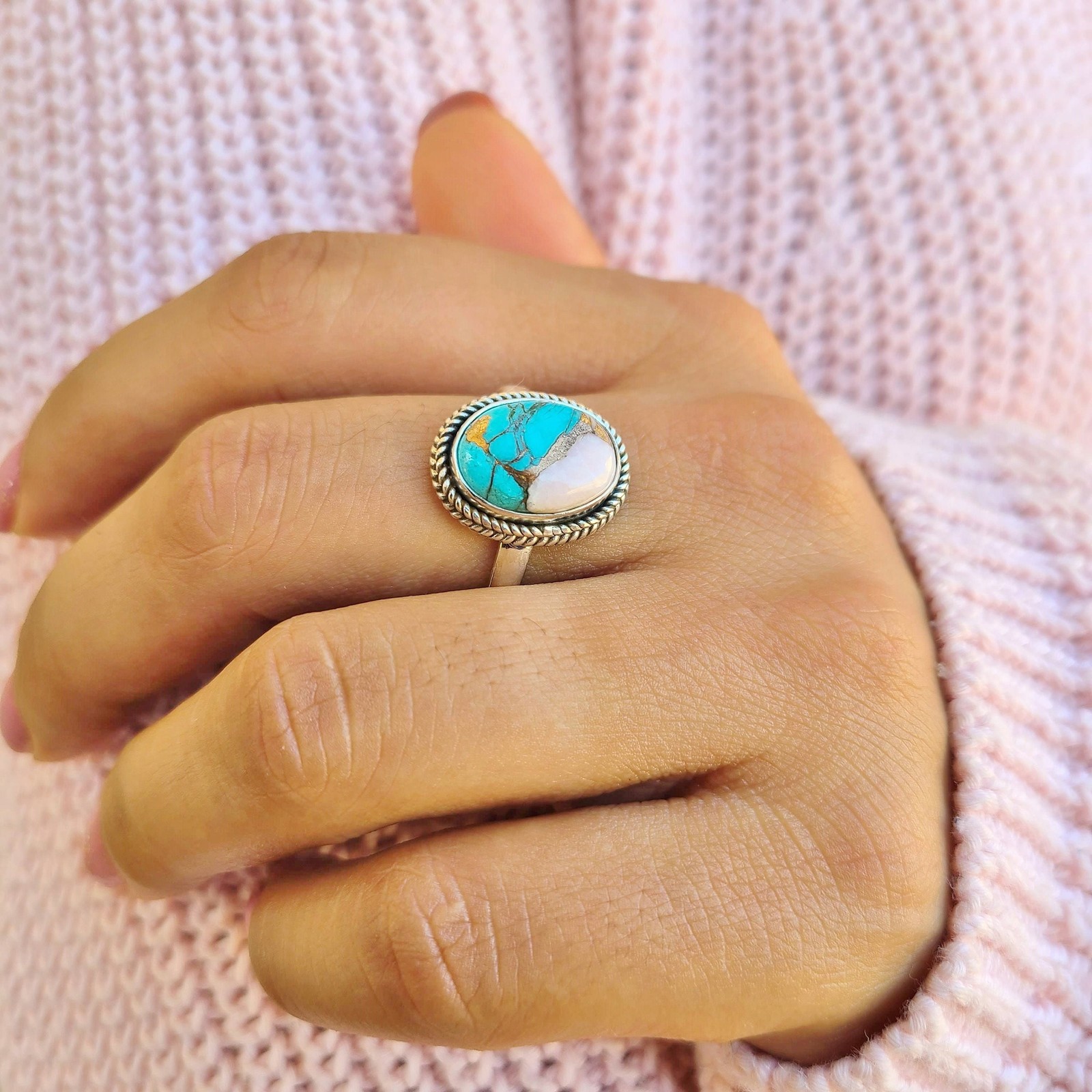 Oyster Copper Turquoise Ring 925 Sterling Silver Spiny Turquoise Statement Ring