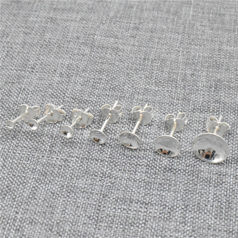 10 Pairs 925 Sterling Silver Round Bezel Cup Ear Posts Concave Pad Stud Earring