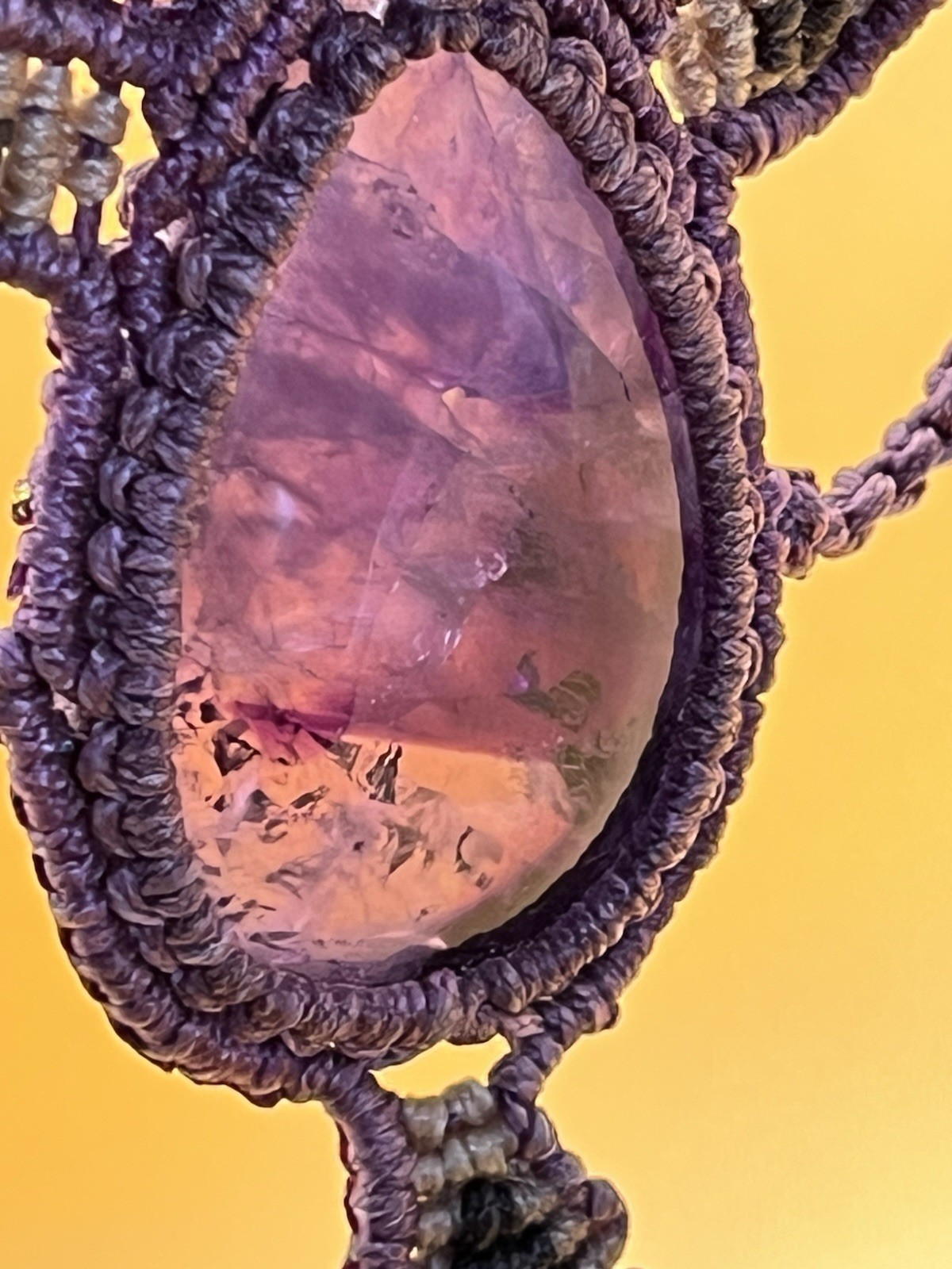 Artesian Made Macrame and Purple Fluorite/Amethyst Gemstone Necklace Boho Hippie