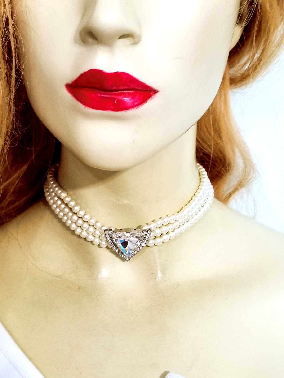 Clear Crystal Choker Rhinestone Created Pearls Necklace Bridal Prom Pageant