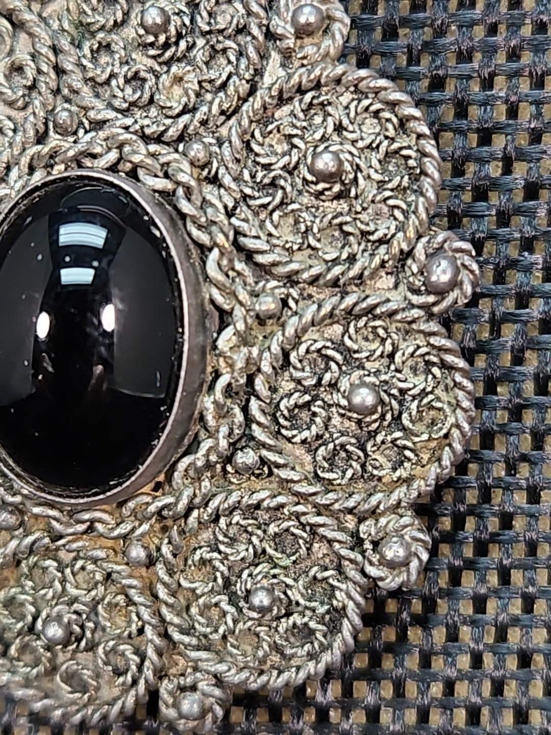 Vintage Israel 900 Sterling Silver Black Onyx Intricate Filigree Pendant Brooch