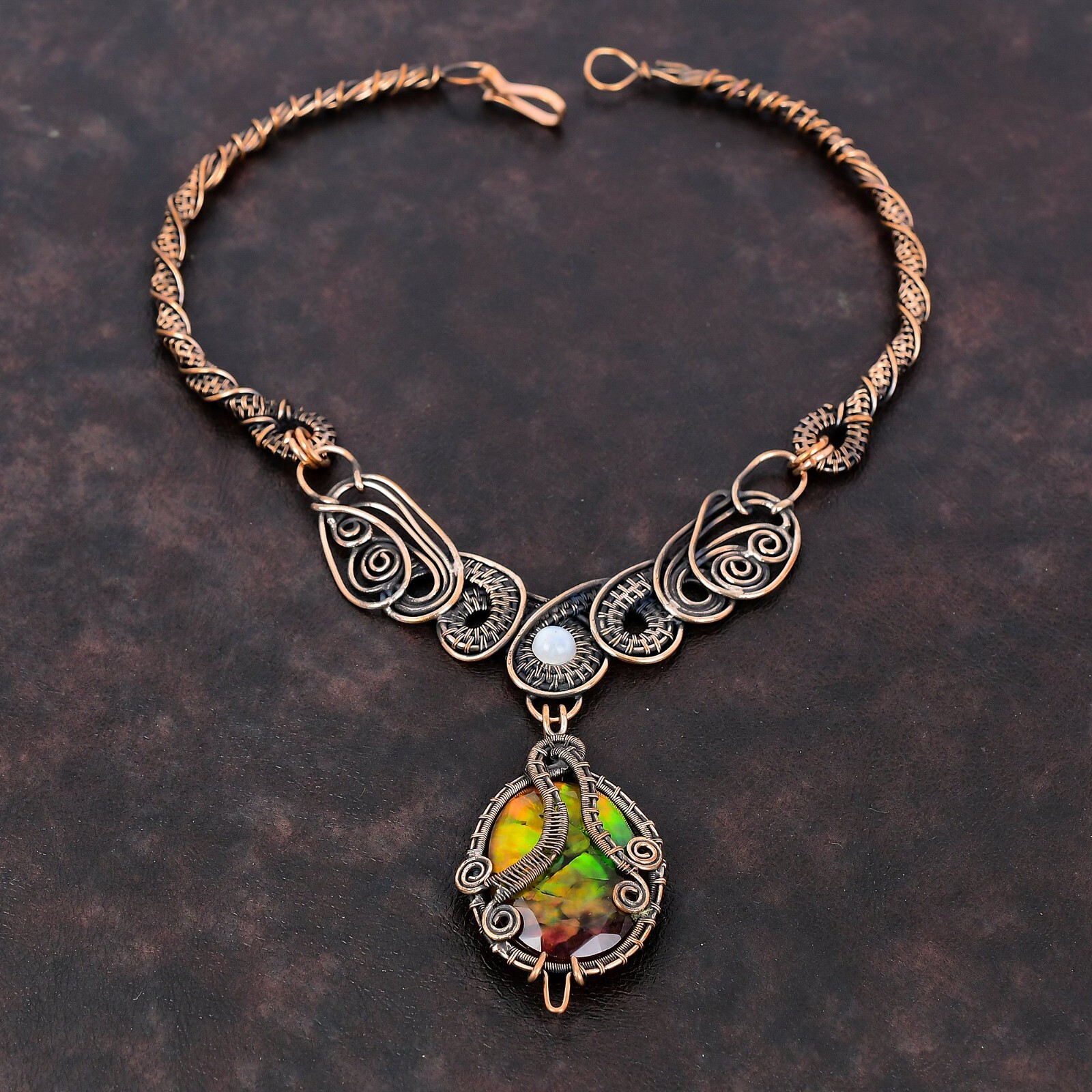 Gift For Her Copper Ammolite Gemstone Jewelry Wire Wrapped Chain Necklace 18.0″