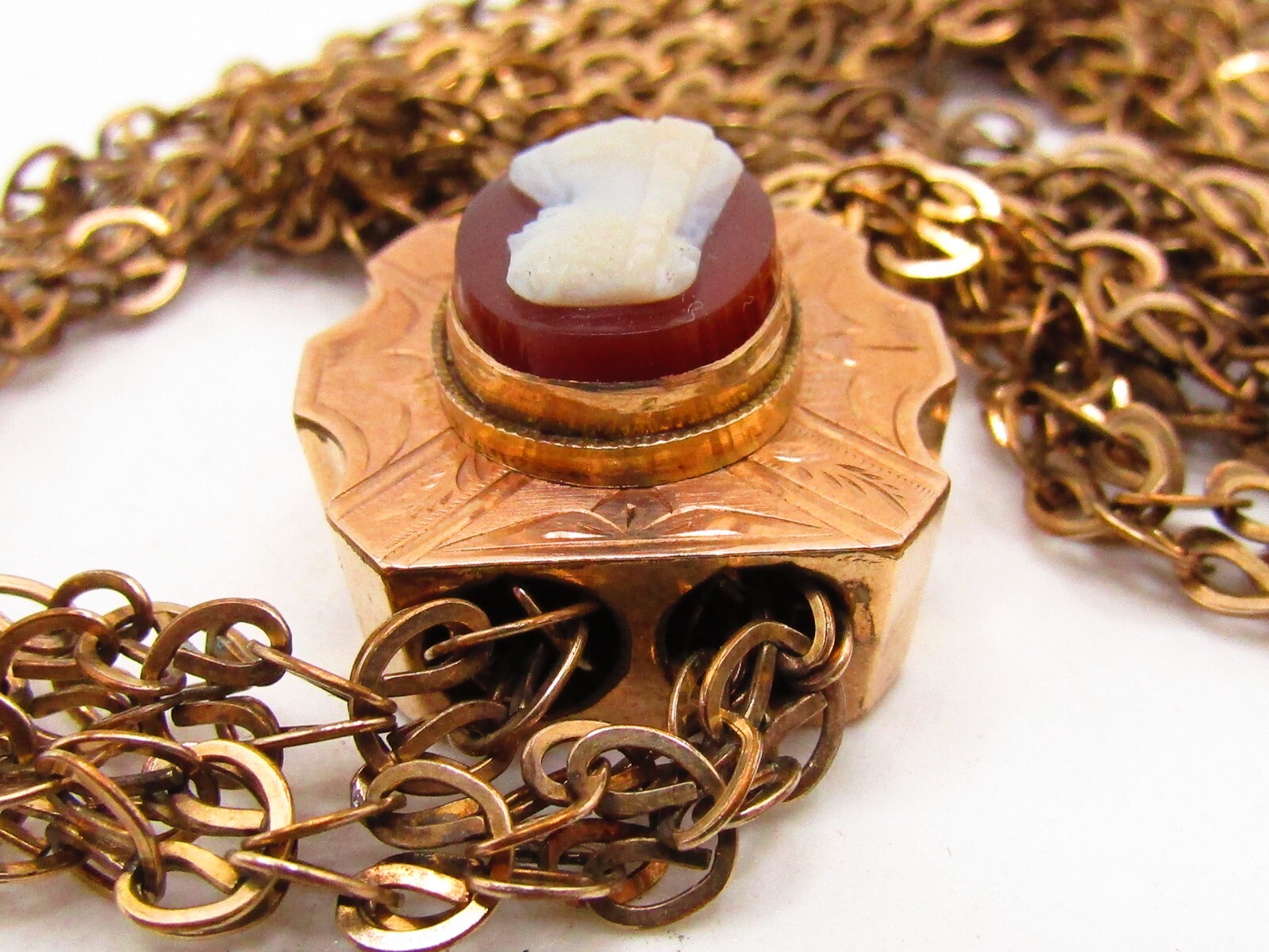 ANTIQUE VICTORIAN LADIES WATCH CHAIN WITH 1OK GOLD CAMEO SLIDE & G.F. CHAIN*