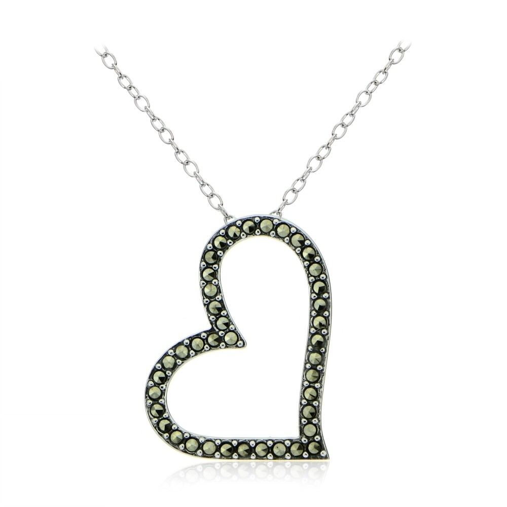 Sterling Silver Marcasite Sideways Open Heart Necklace