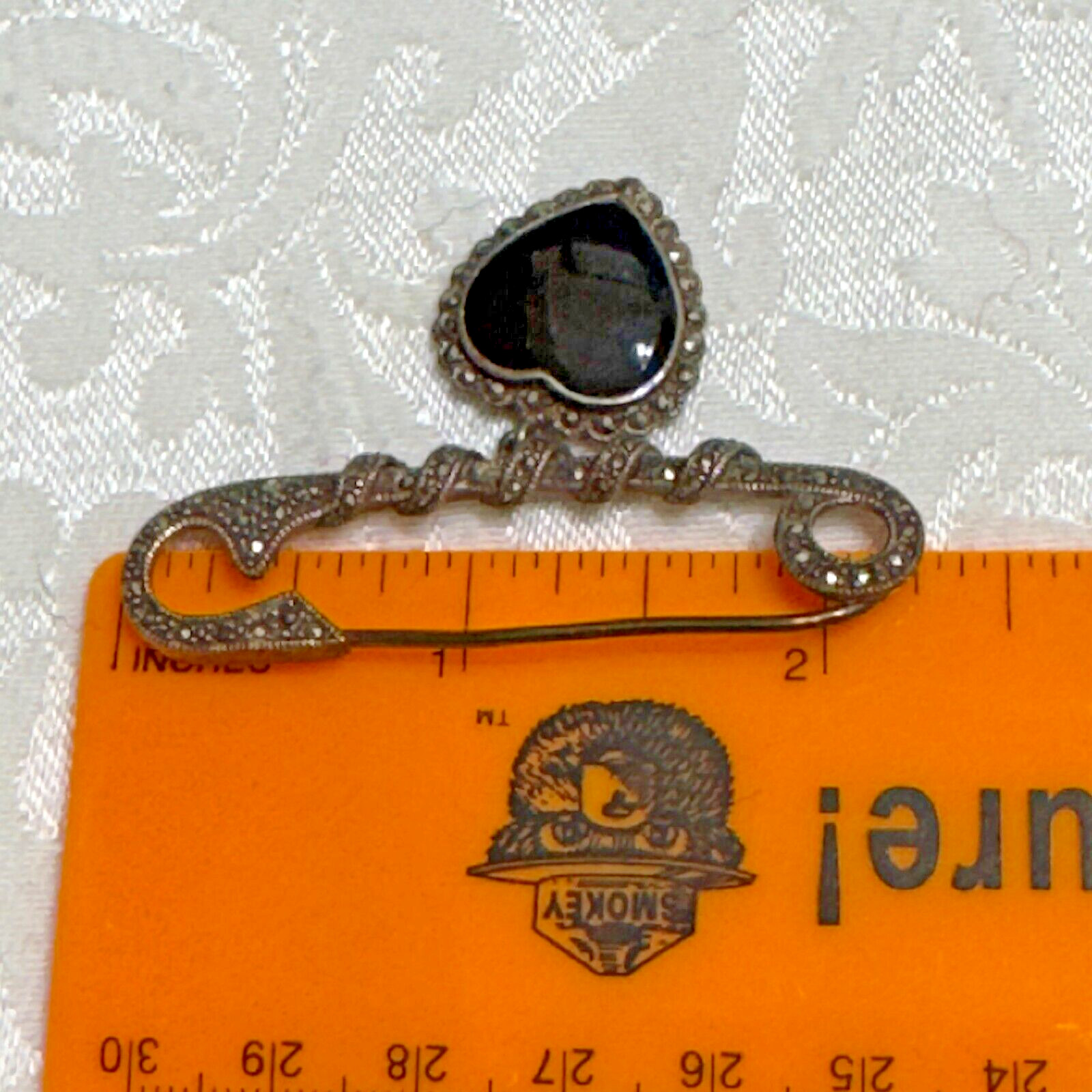 925 Sterling Silver Vintage Black Onyx Marcasite Brooch Safety Pin Heart 9.45g