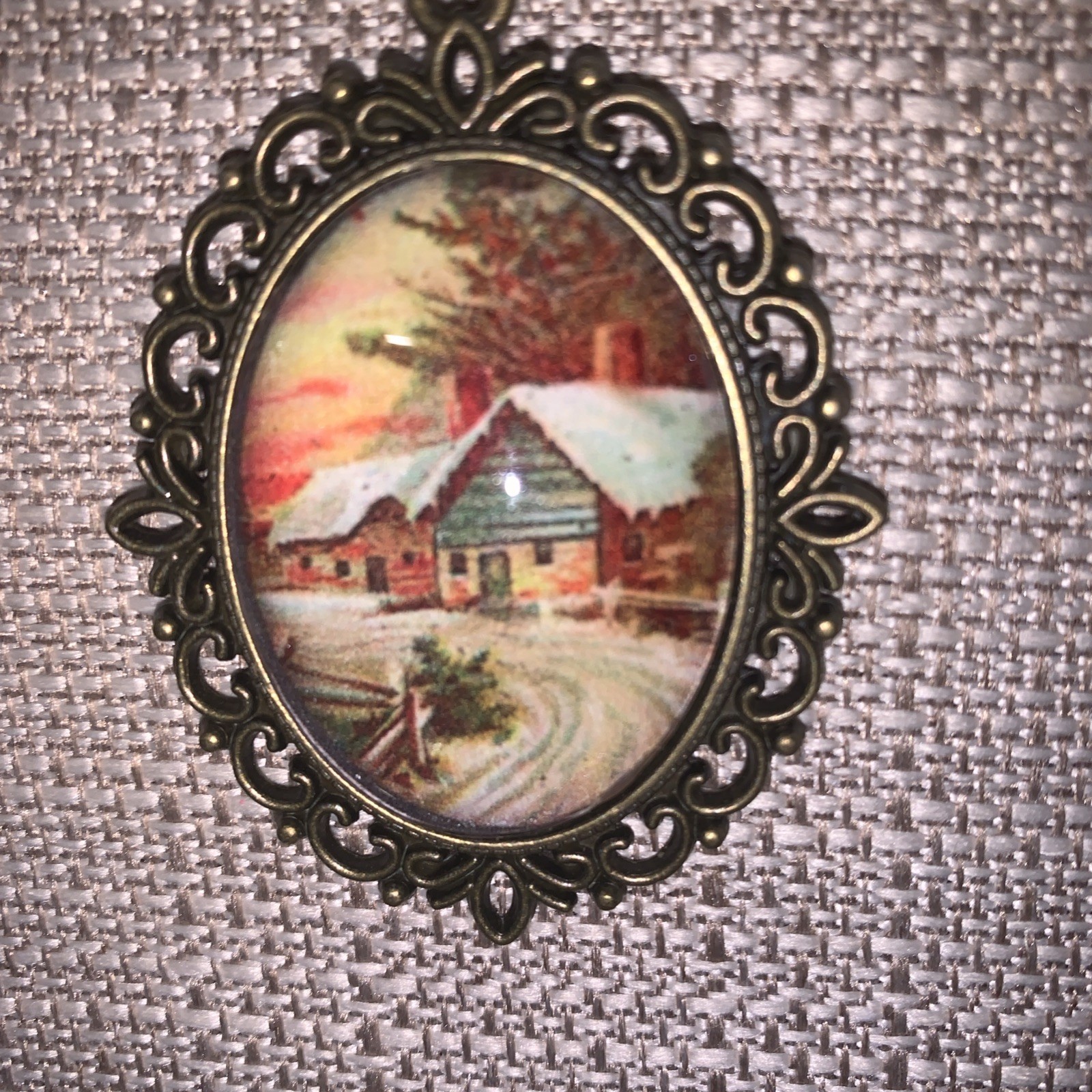 Cabochon Handmade Necklace With Winter Scene Bronze Chain And Pendant Tray