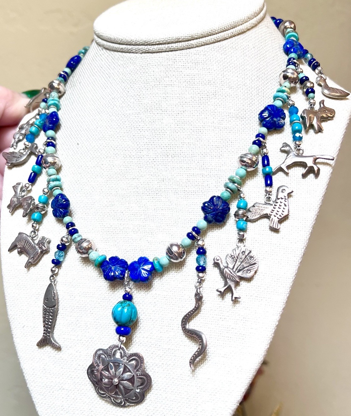 LOVELY Southwest Artisan Sterling Silver Turquoise, Lapis Milagro Charm Necklace